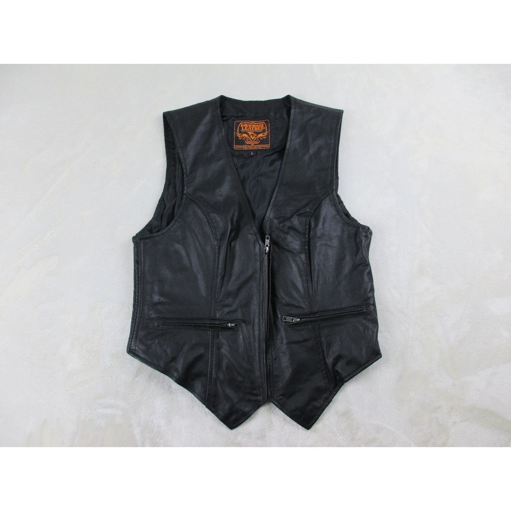 Milwaukee Leather Vest Womens Large Black Leather Biker Pockets Zip Ladies*‎